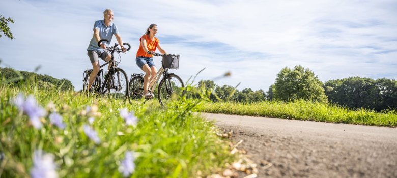 2 Tourismus Emsland Heimatschleifen 2025 - Radler nahe Deichgraf-Thron Radler nahe Deichgraf Thron