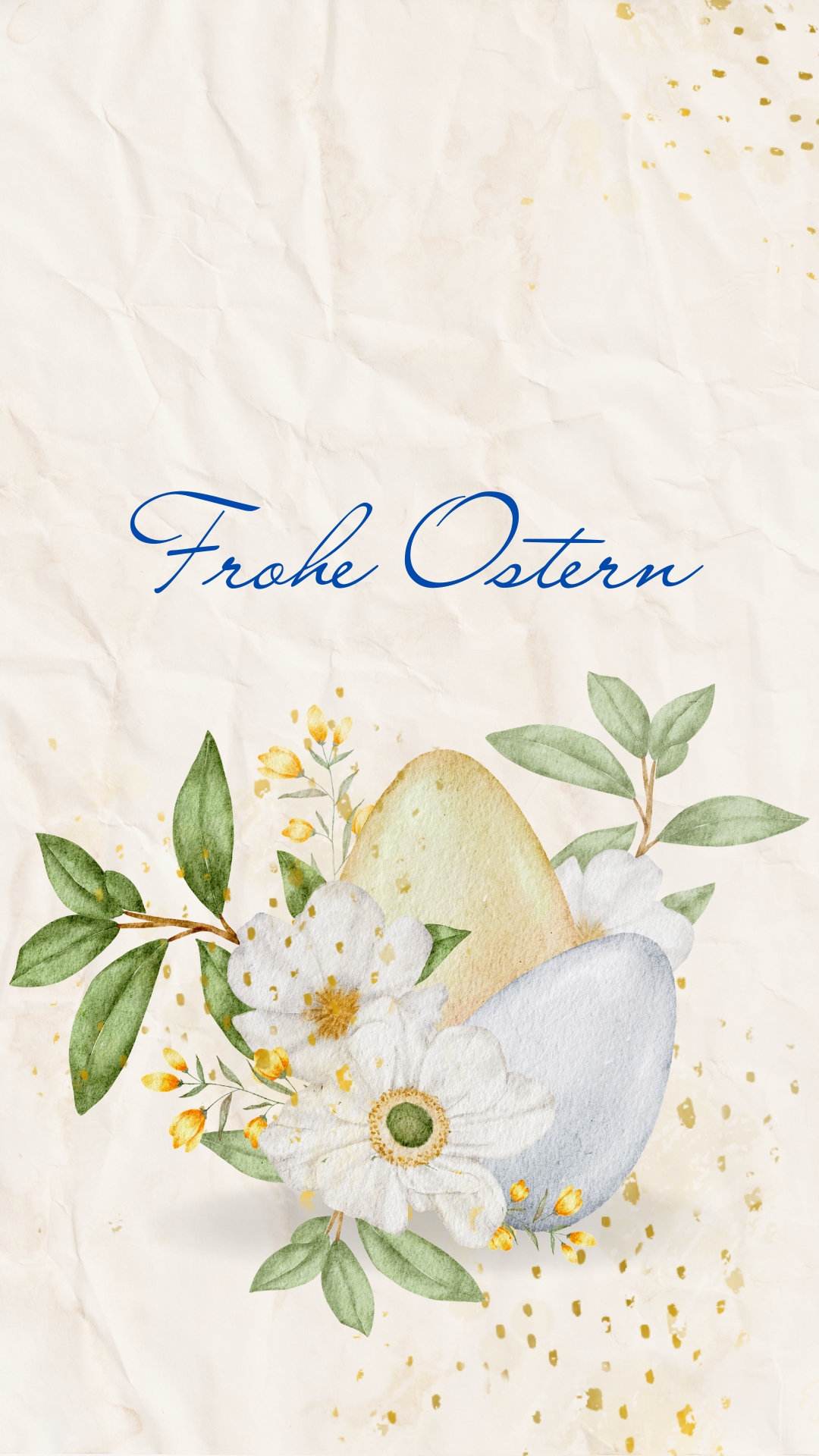 Bild von 2 Eiern, gelb und blau, mit Frühlingsblumen