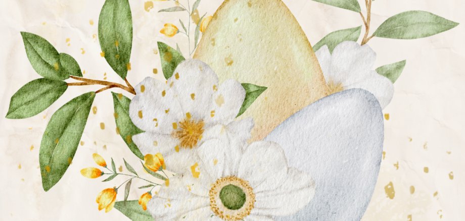 Bild von 2 Eiern, gelb und blau, mit Frühlingsblumen