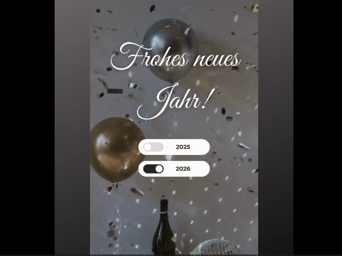 Schriftzug "Frohes neues Jahr 2026" mit Luftballons und Konfetti im Hintergrund