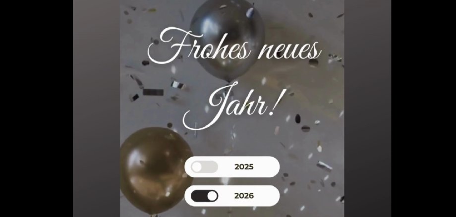 Schriftzug "Frohes neues Jahr 2026" mit Luftballons und Konfetti im Hintergrund