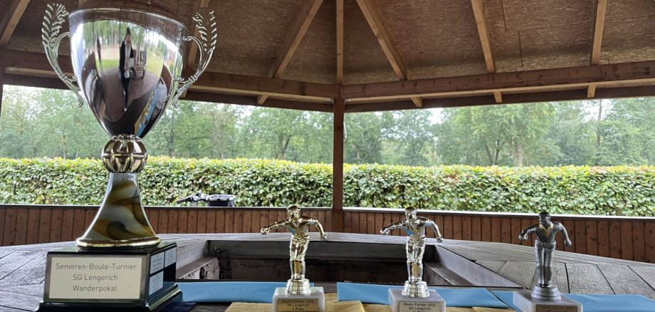 Zu sehen sind der Wanderpokal und 3 kleine Pokale (Gold, Silber und Bronze)