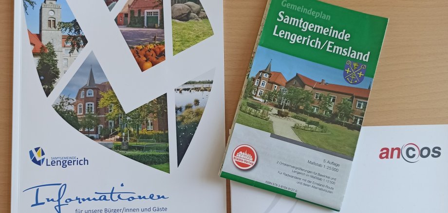 Bild der alten Bürgerbroschüre, dem alten Gemeindeplan und dem Logo vom Verlag anCos
