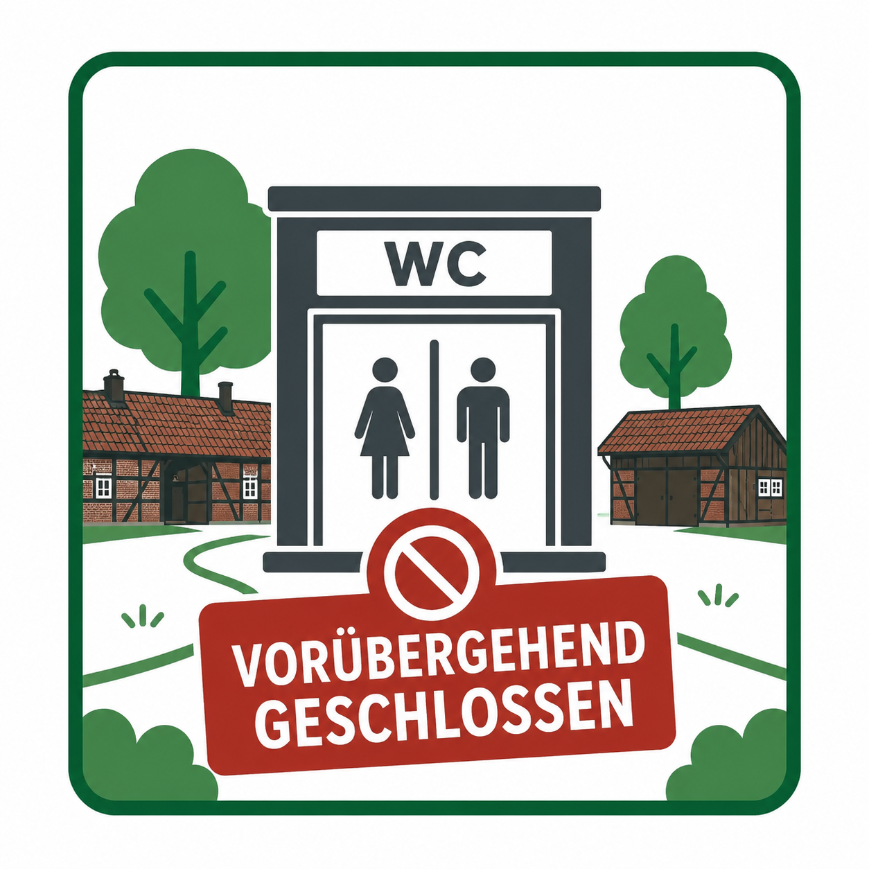 Auf dem Bild ist das Torhaus mit der Remise zu sehen mit dem Hinweis, dass die WC-Anlage vorübergehend geschlossen ist