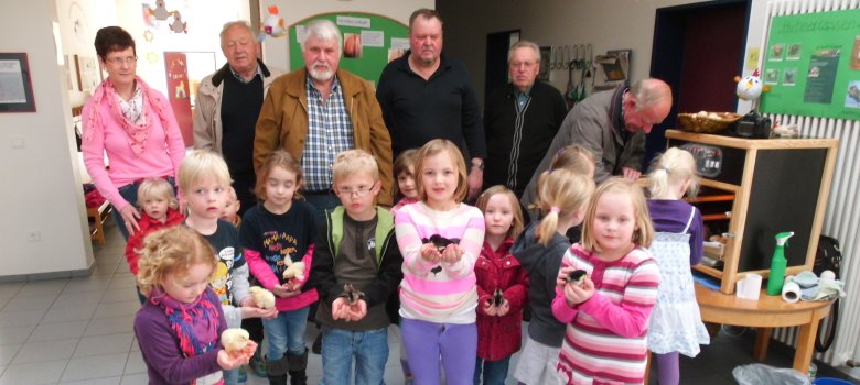 Vom Ei zum Küken Kindergartenkinder halten Küken in der Hand