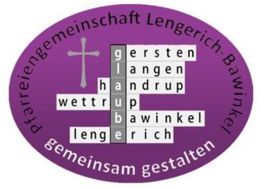 Aus den Buchstaben aller sechs Gemeinden der Samtgemeinde ist das Wort Glaube entstanden und steht neben dem Symbol des Kreuzes. Der Schriftzug Pfarreiengemeinschaft Lengerich-Bawinkel gemeinsam gestalten umrandet das Logo