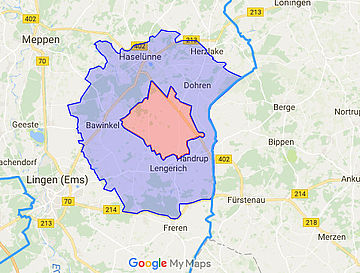 Beobachtungsgebiet (blau), Sperrbezirk (rot)